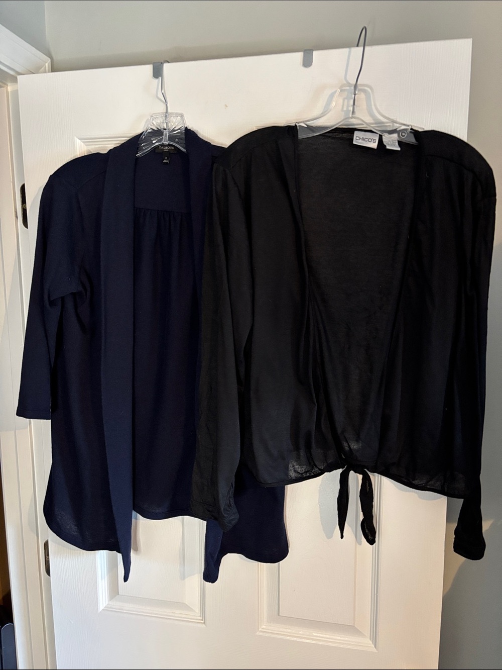 Chico's Black Tie-Front Lightweight Cardigan and Talbots Open Summer Sweater. L